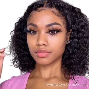 Natural Human Hair Brazilian Water Wave Lace Front Bob Wigs, Pre Plucked Shoulder Length Curly  Classic Bob Wigs